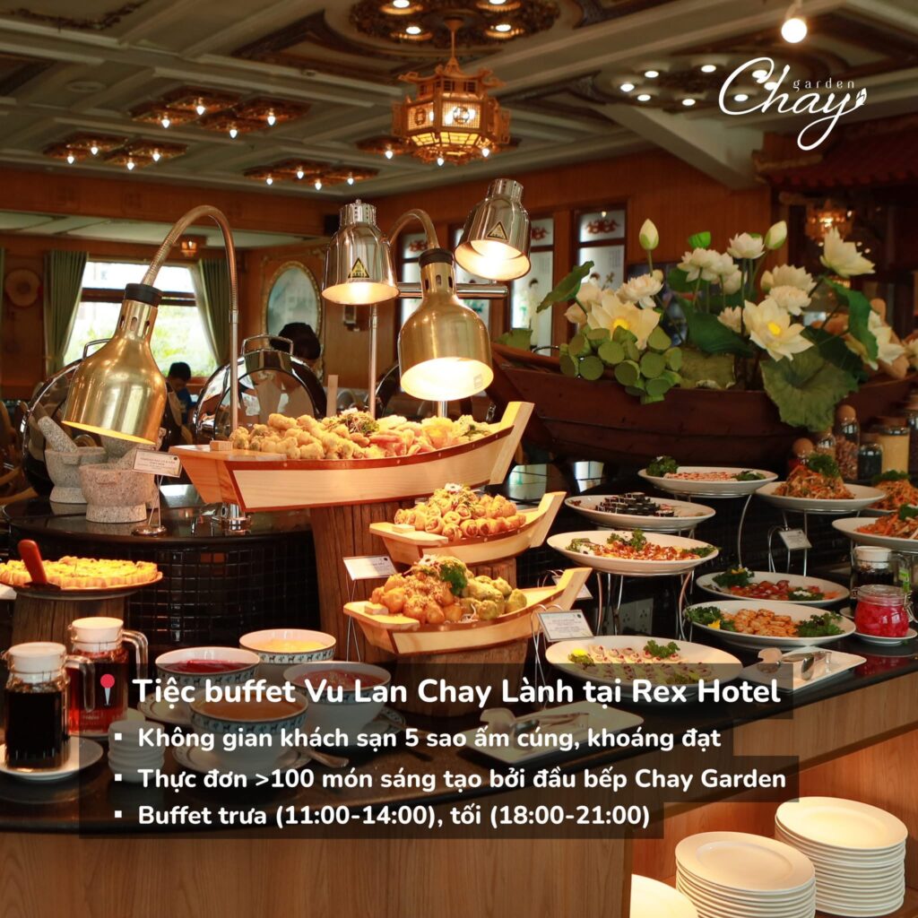 buffet, nhà hàng chay, không gian, món ăn